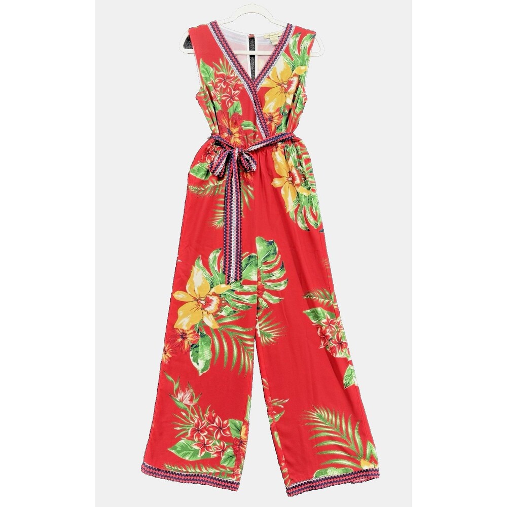 Flying Tomato Jumpsuit Womens Small Red Tropical Floral Wide Leg Belted Resort